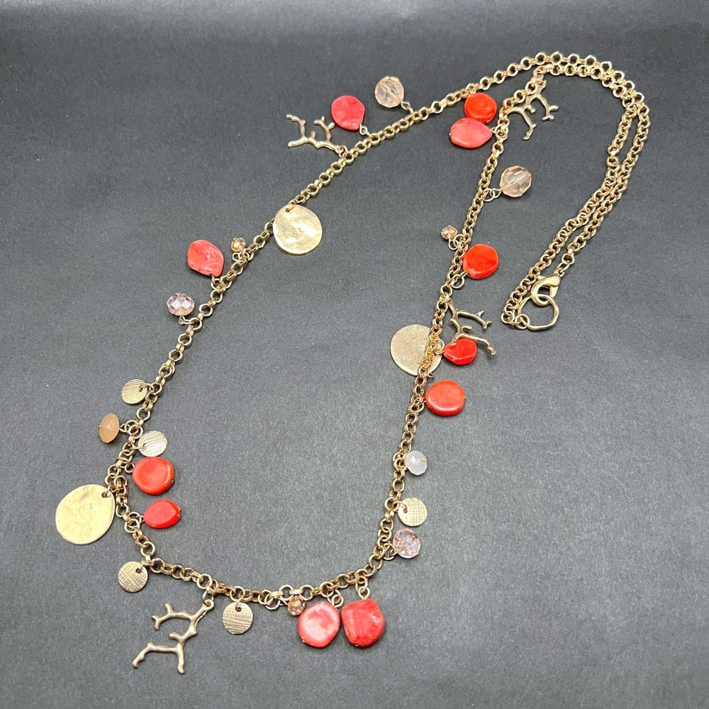 Long Coral Charm Necklace Gold Red Stone Faceted Beads Coastal Beachy‎ Mermaid